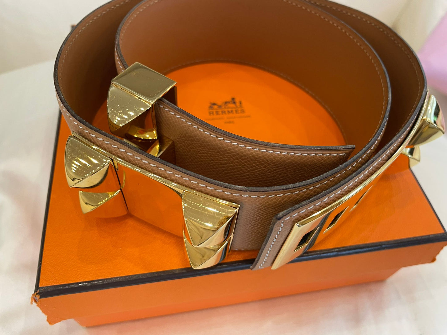 Hermès - Leder Gürtel Collier de chien Cognac